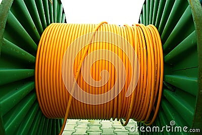 Yellow electricity cable on spools Stock Photo
