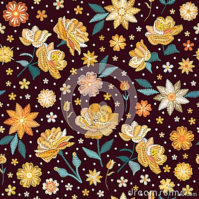 Yellow embroidered flowers. Floral seamless pattern. Print for fabric, textile Vector Illustration