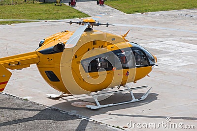 Yellow Emergency Helicopter, medical rescue team Stock Photo