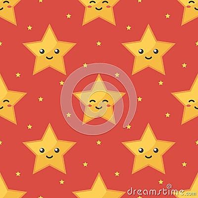 Yellow emoji smiling star characters seamless pattern red background Vector Illustration