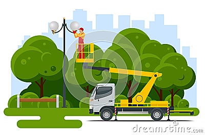 Yellow Engine Powered Scissor Lift. Worker with the help of an automobile tower change repairing a street pole. Vector Illustration