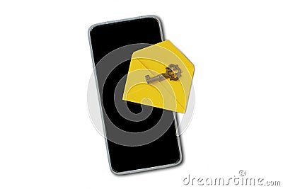 Yellow envelope with key and smartphone on white background - Concept of mailing and password Stock Photo