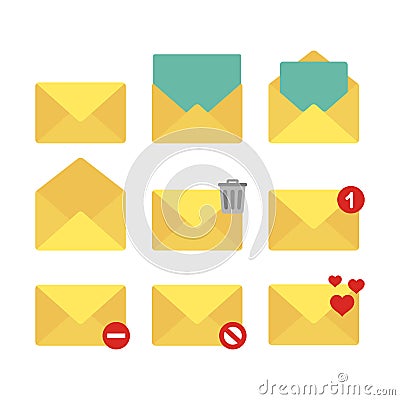 Yellow envelope, open and closed cartoon icon set. Vector Illustration