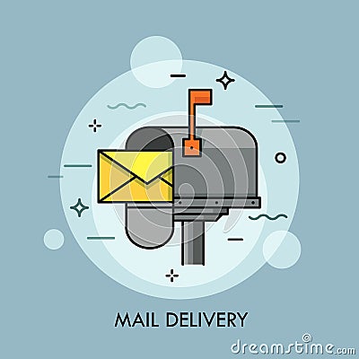 Yellow envelope in opened mailbox. Express mail delivery, courier and postal service, postage and spam concept. Vector Illustration