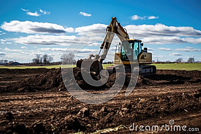yellow excavator Compactor at work on a greenfield site during a bright and clear day, blue sky and clounds on the background, Stock Photo