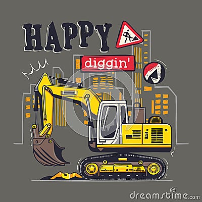 Yellow excavator digging ground on construction area Vector Illustration