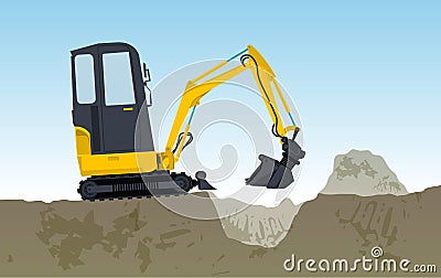 Yellow excavator digs hole. Bagger is excavating, ground works. Vector Illustration