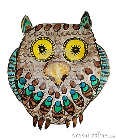 Yellow-eyed Owl with bright feathers Cartoon Illustration