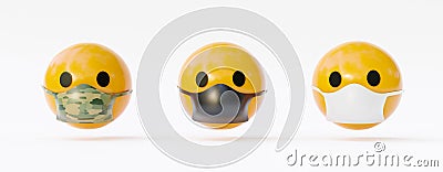 Yellow and face shape emoticons, showing the importance of wearing mask because of Covid 19. Epidemic concept.3d Stock Photo