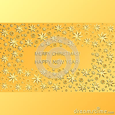 Yellow festive background with a rectangle of snowflakes, beads and Christmas stars. Vector Illustration
