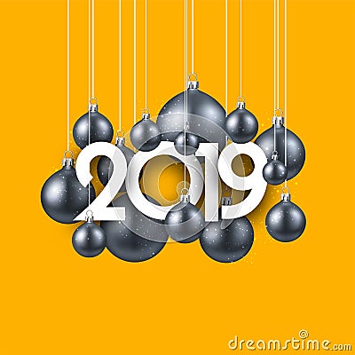 Yellow festive 2019 new year card with silver Christmas balls. Vector Illustration