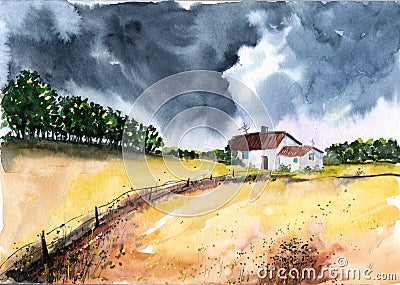 A yellow field with trees, a small fence and few farmhouses Cartoon Illustration
