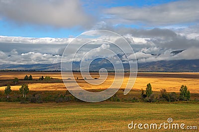 Yellow fields, clouds and mountains. Stock Photo