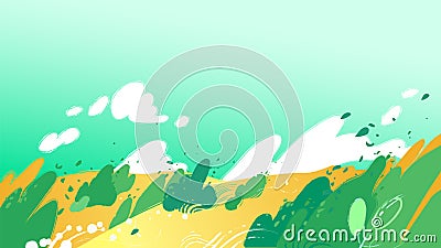 Yellow fields with strong wind blowing out leaves from the bushes Vector Illustration