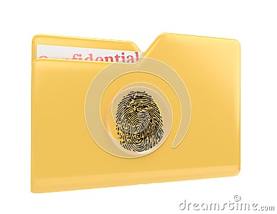 Yellow file folder with confidential documents and fingerprint scanner 3d illustration icon isolated on white Stock Photo