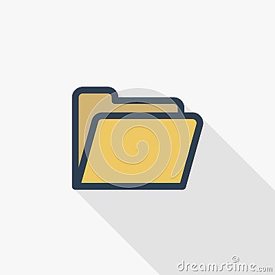 Yellow file folder thin line flat color icon. Linear vector symbol. Colorful long shadow design. Vector Illustration
