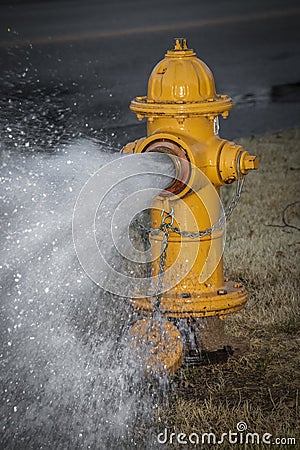 Yellow fire hydrant wide open with water gushing out near a road Stock Photo