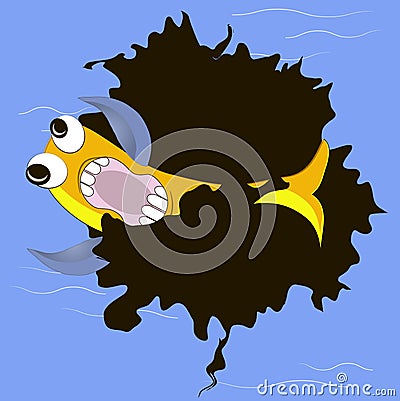 Yellow fish in bleak spot on blue ocean, oil pollution Vector Illustration