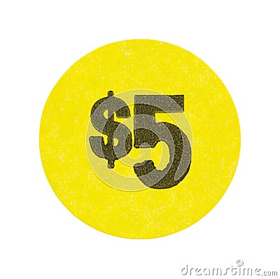 Yellow five dollar garage sale sticker Stock Photo