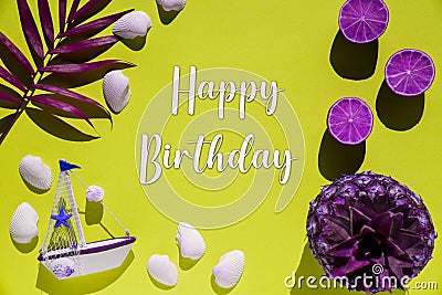 Yellow Flat Lay, Boat, Shells, Purple Pineapple, Text Happy Birthday Stock Photo
