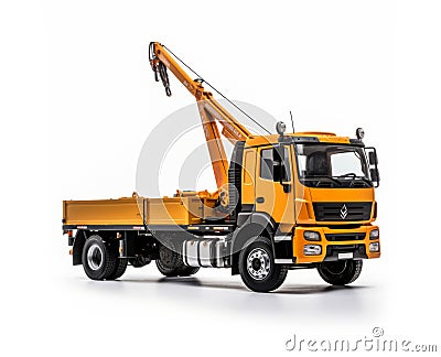 Yellow flatbed truck with crane arm. Car manipulator isolated on a white background Stock Photo