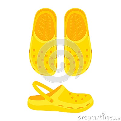 Yellow flip flop isolated on white background. Rubber flip flops with holes and strap. Silicone slates, clogs for children and Vector Illustration