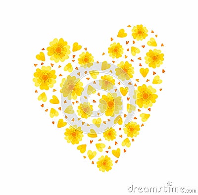 Yellow floral heart. Spring flowers blossoms and petals on white background Vector Illustration