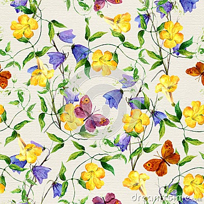 Yellow flower, bluebell, butterflies. Repeating floral pattern Stock Photo