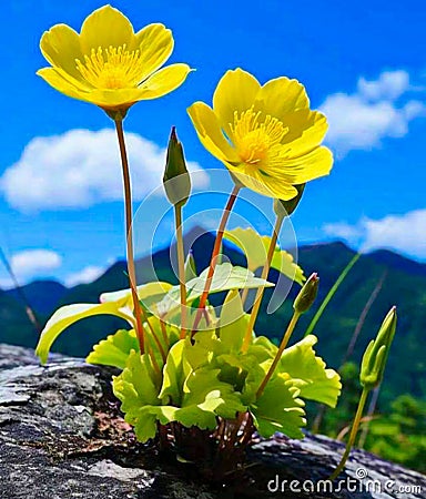 Yellow flowers, flowers, rocks, flowers born on rocks Stock Photo