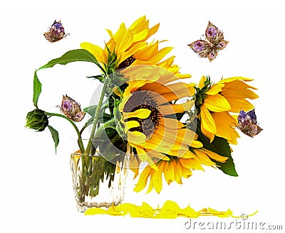 Yellow flowers in vase and floral butterfly Stock Photo