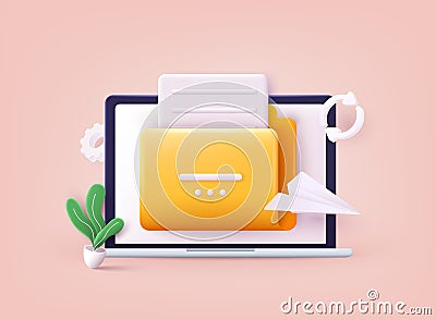 Yellow folder with files. File transfer concept. Yellow folder with document on computer monitor. 3D Vector Illustration