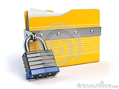 Yellow folder and lock. Data and privacy security concept. Infor Cartoon Illustration