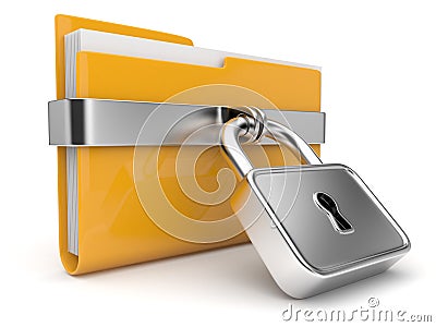 Yellow folder and lock. Data security concept. 3D Stock Photo