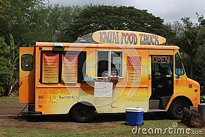 Yellow Food Truck in Koloa, Kauai, Hawaii Editorial Stock Photo