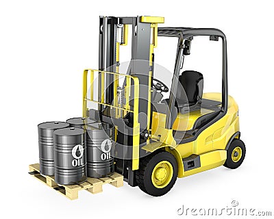 Yellow fork lift lifts four oil barrels Stock Photo