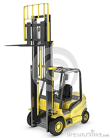 Yellow fork lift truck with raised fork Stock Photo