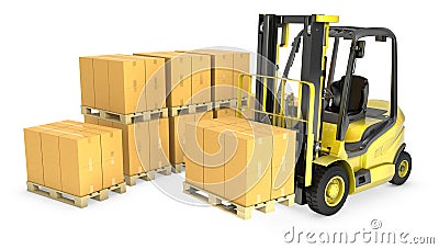 Yellow fork lift truck with stack of carton boxes Stock Photo