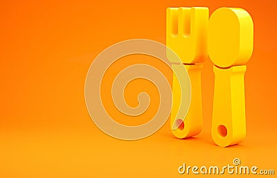 Yellow Fork and spoon icon isolated on orange background. Cooking utensil. Cutlery sign. 3d illustration 3D render Cartoon Illustration