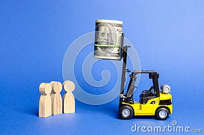 Yellow forklift raised to the height of the bundle of money unattainable for people below. Main prize, puzzle, contract. Stock Photo