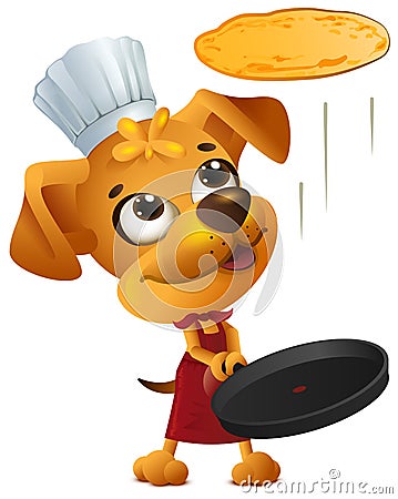 Yellow fun dog chef cook throws pancake Vector Illustration