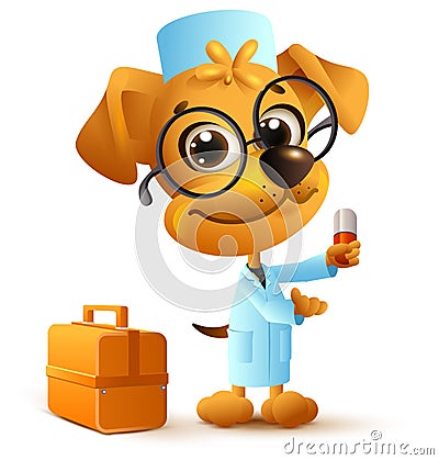 Yellow funny dog doctor in uniform holding pill Vector Illustration