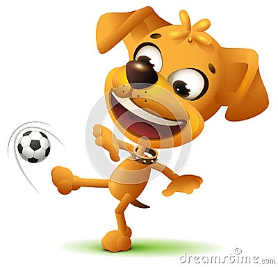 Yellow funny dog football player kicks soccer ball Vector Illustration