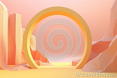 Yellow futuristic round arch on the pastel orange landscape background. Atmospheric escapism installation for showcase and display Stock Photo