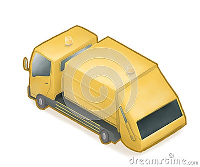 Yellow garbage truck car, waste container dump-truck vehicle isometric cartoon icon raster illustration Cartoon Illustration