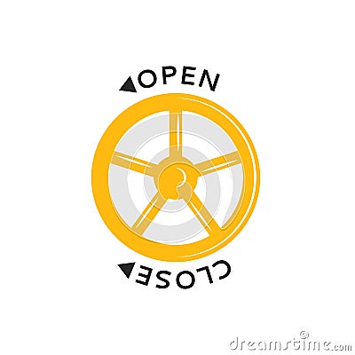 Yellow gas gate valve hand wheel illustration with arrows indicating directions to open and close for the pipeline Vector Illustration