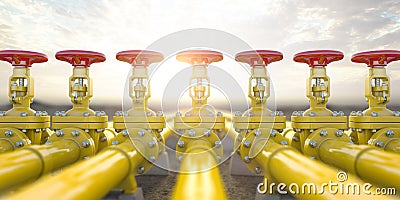 Yellow gas pipe line valves. Oil and gas extraction, production and transportation industrial background Cartoon Illustration