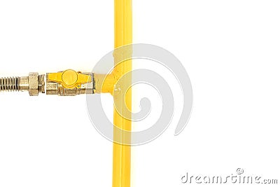 Yellow gas pipe with a valve. White background Stock Photo