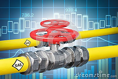 Yellow gas pipes with valves on stock market background. Stock Photo