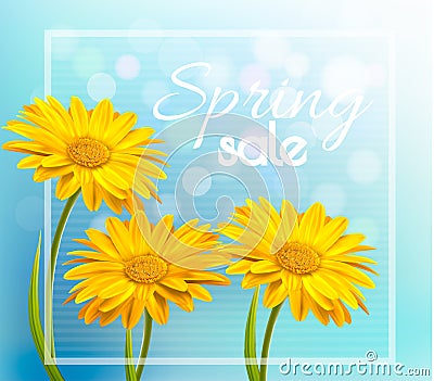 Yellow gerbera daisies on a blue bokeh background. Spring sale Vector Illustration