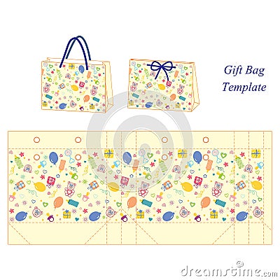 Yellow gift bag with baby accessories pattern Vector Illustration